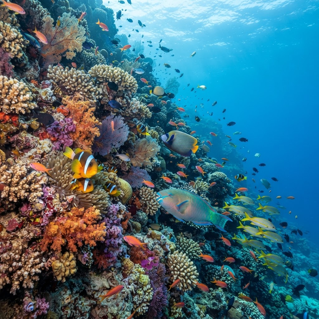 The Red Sea reef at Marsa Alam — pristine coral gardens just offshore