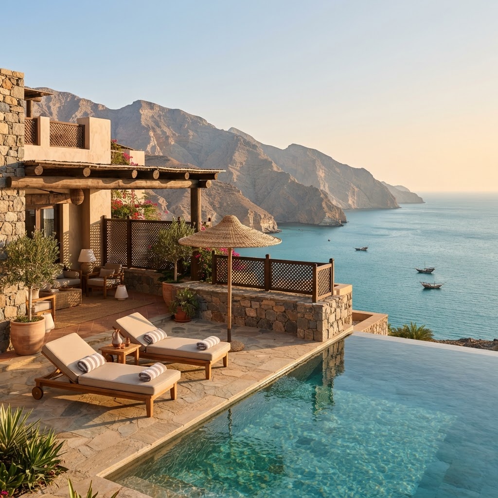 A pool villa terrace with mountain and sea views — Six Senses Zighy Bay