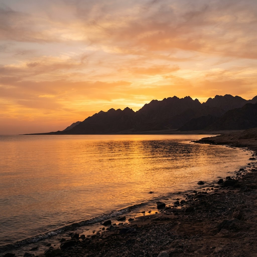 Desert sunset over the Red Sea at Wadi Sabarah Lodge