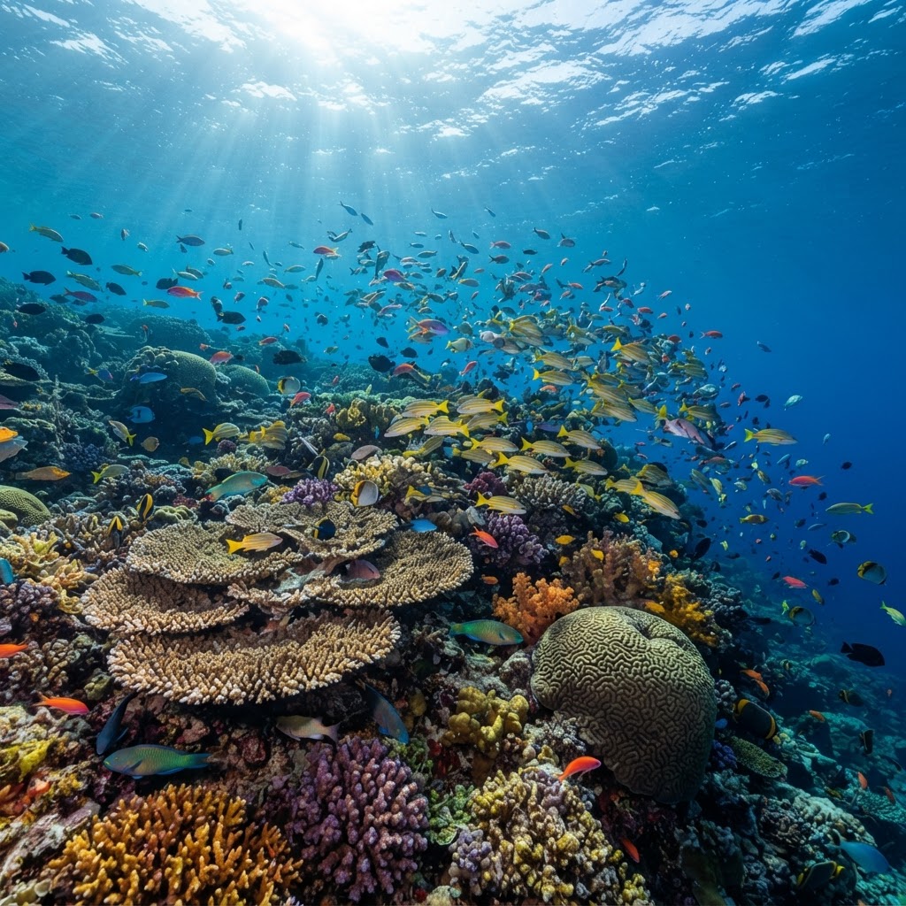 The house reef — Baros' defining feature, directly accessible from the beach
