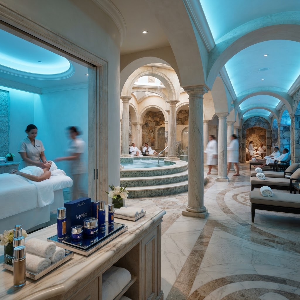 Luxurious spa interior with aqua-hued treatment rooms, Roman hot tubs, and marble surfaces