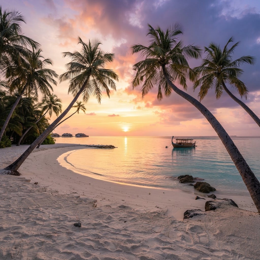 Sunset over the palm-fringed beach at Baros