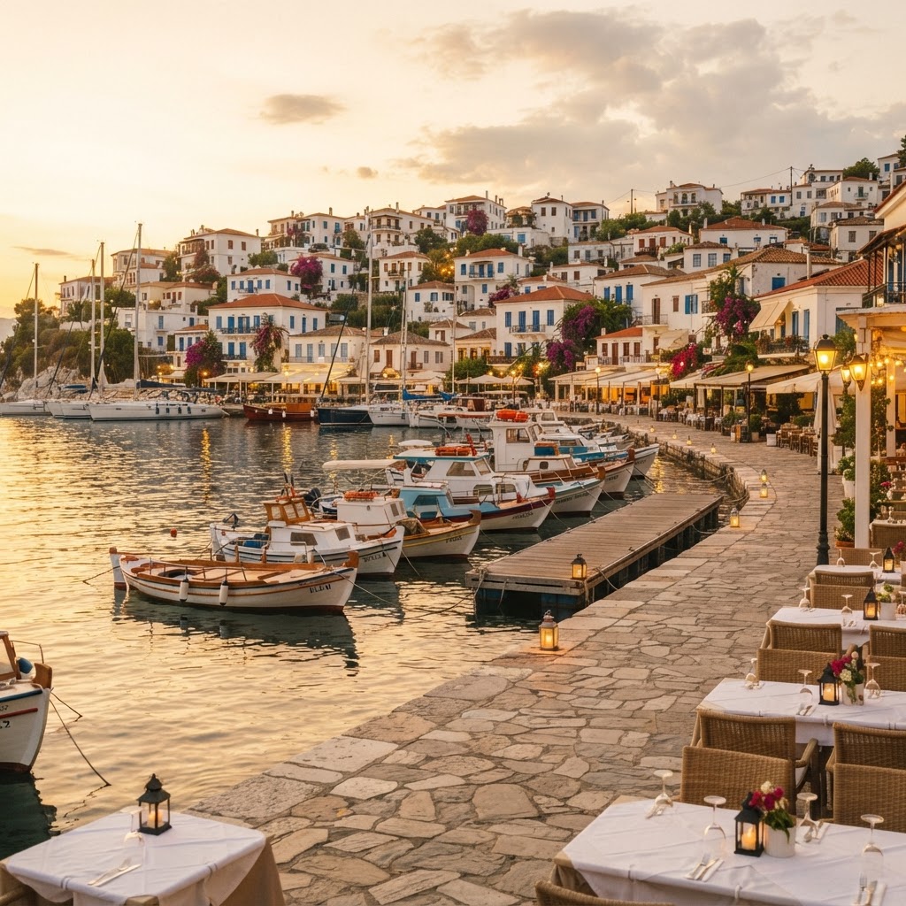 Skiathos Town and its harbour at golden hour