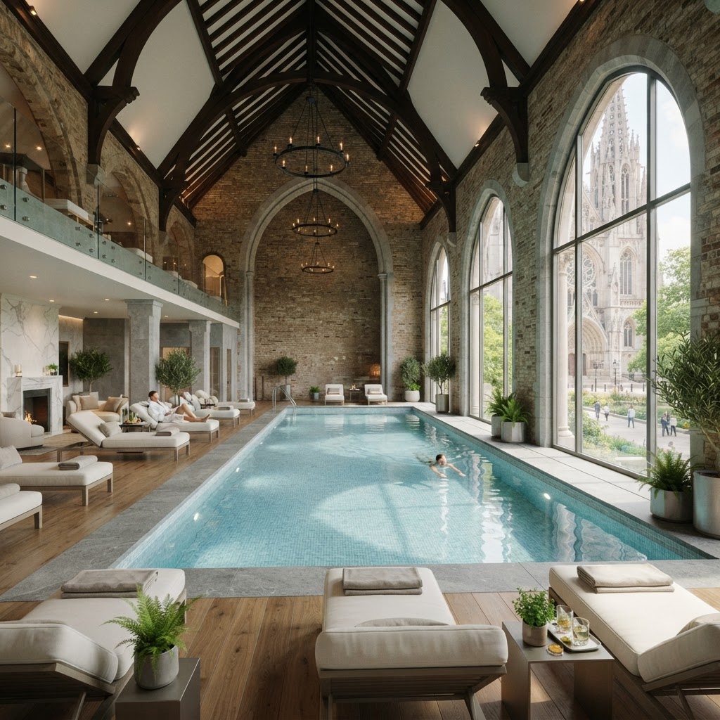 Restored 19th-century heritage building interior transformed into luxury boutique hotel with indoor pool