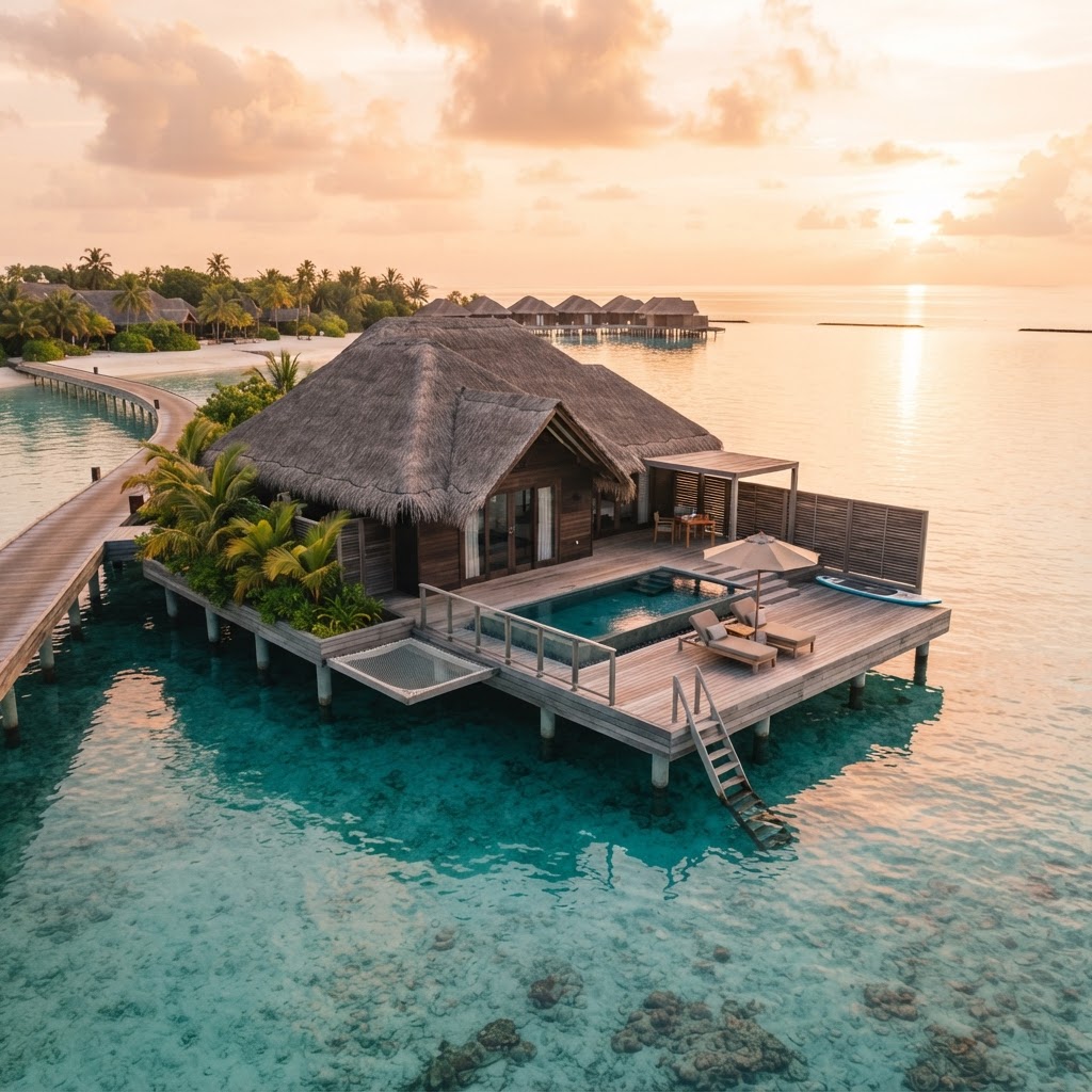 Overwater villa on the turquoise lagoon — twenty minutes from Malé, a world away