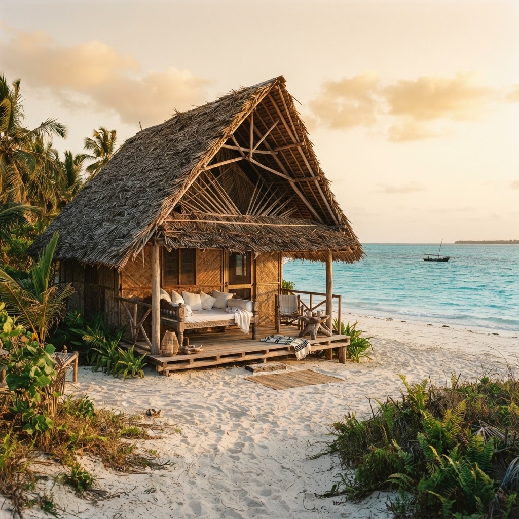 A beach banda at golden hour — simple luxury on a private island