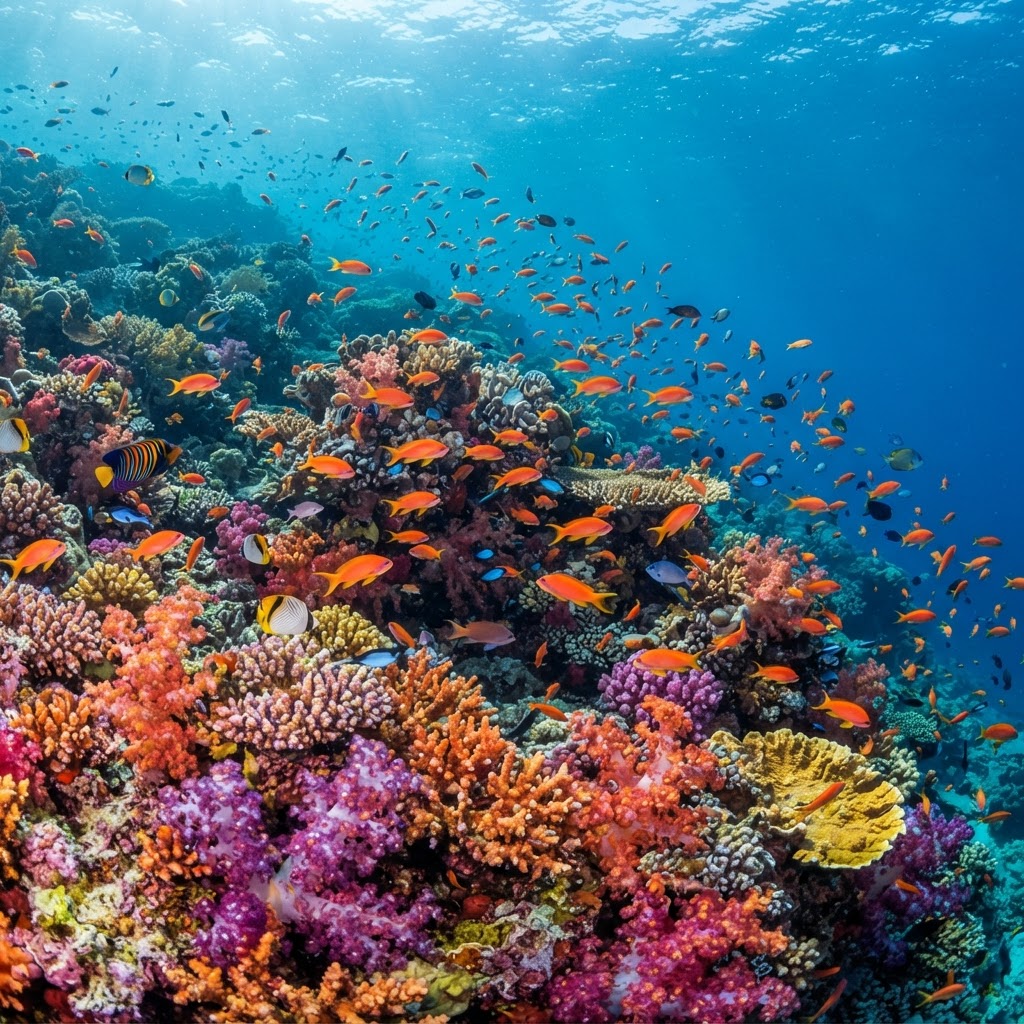 Jordan's Red Sea reef — vibrant corals and tropical fish just steps from shore