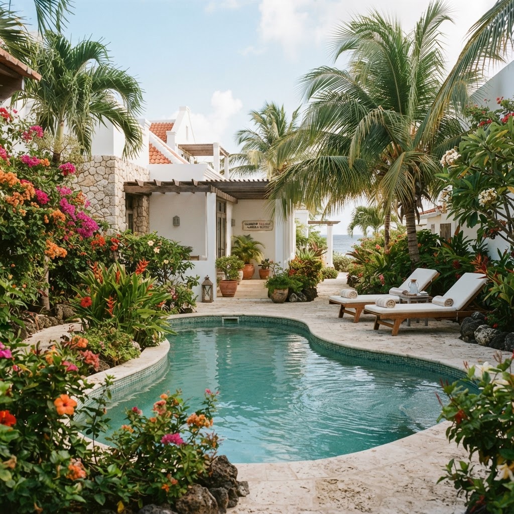 The pool and gardens at Boutique Hotel Sonrisa — Caribbean calm