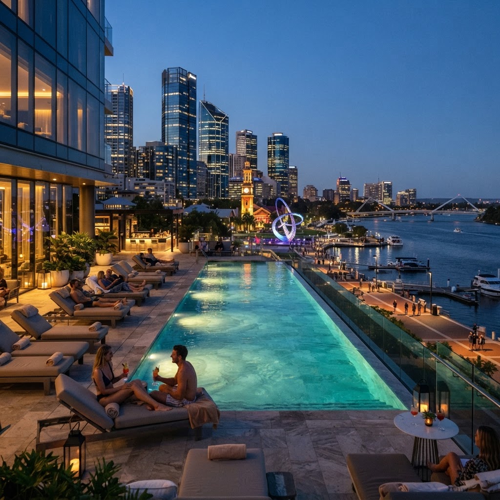 Luxury hotel infinity pool on 5th floor overlooking Swan River and Elizabeth Quay at dusk