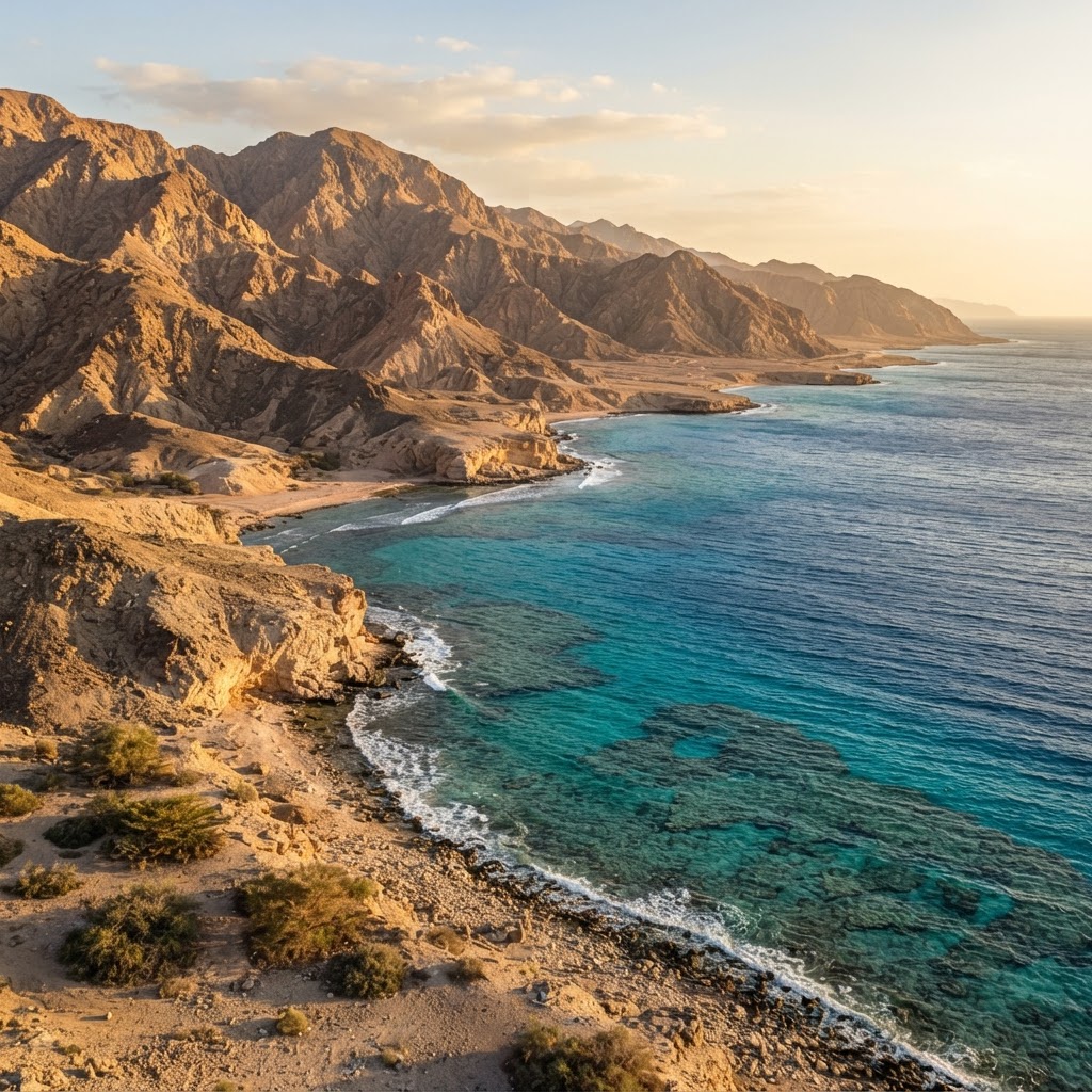 Where the desert mountains meet the Red Sea — Wadi Sabarah's dramatic setting