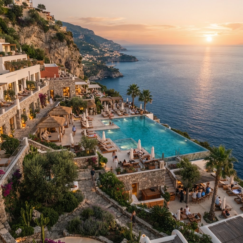 Mare Paphos at golden hour: pools terraced above the Mediterranean (editorial illustration)