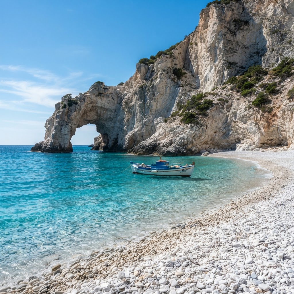 White pebbles and a sea arch: Lalaria, Skiathos