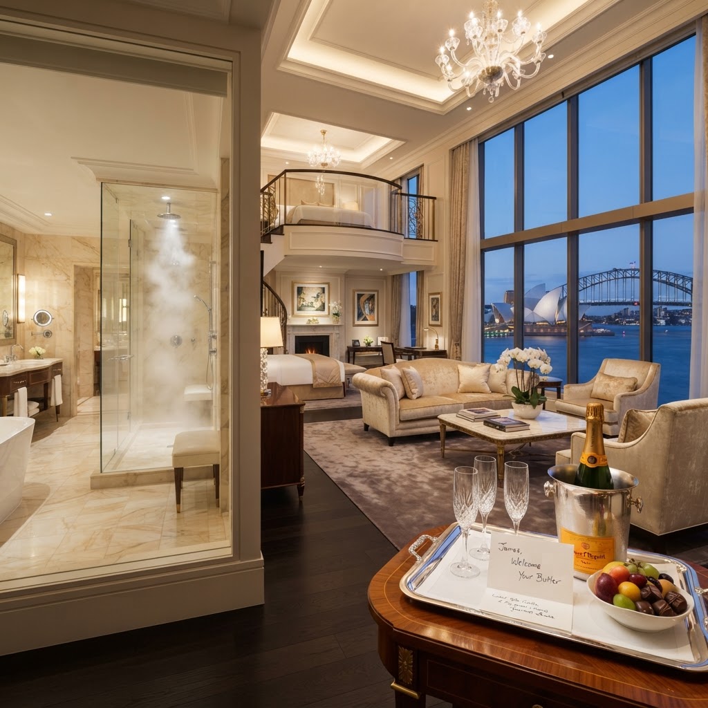 Grand luxury hotel villa suite with marble bathroom, high ceilings, and champagne welcome tray