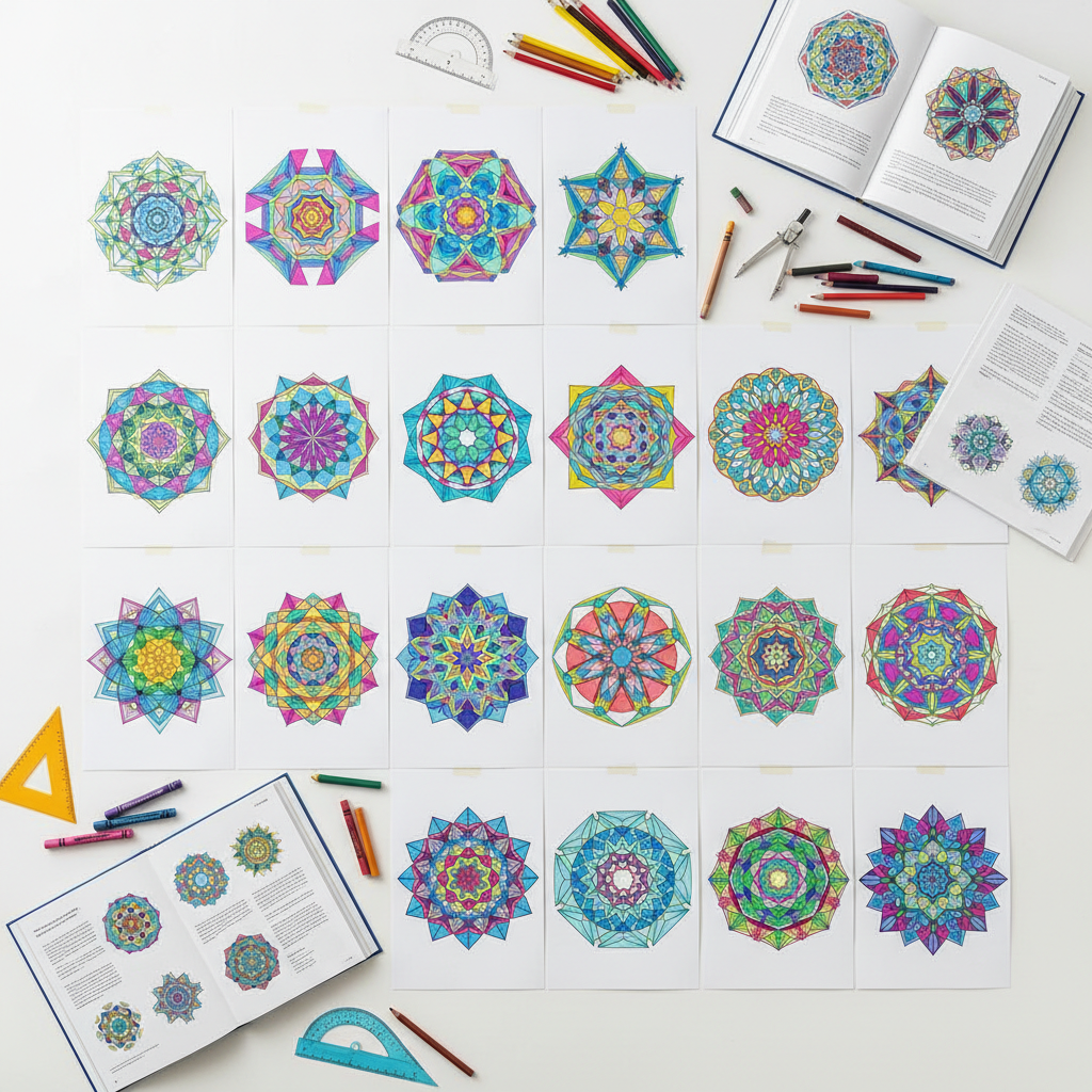 Compositions géométriques colorées réalisées par les enfants