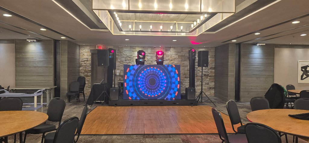 Full DJ setup with LED wall and moving lights