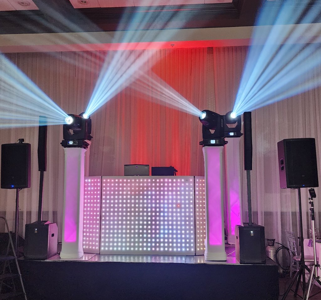 DJ Mario LED booth setup with moving lights