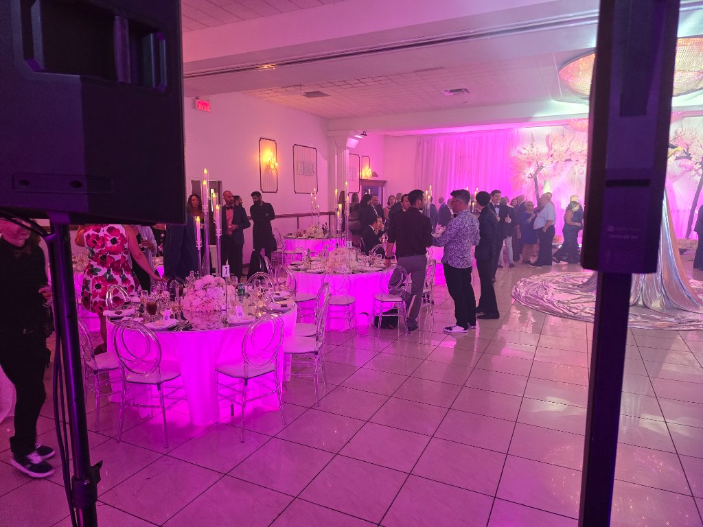 Pink wedding reception with guests dancing