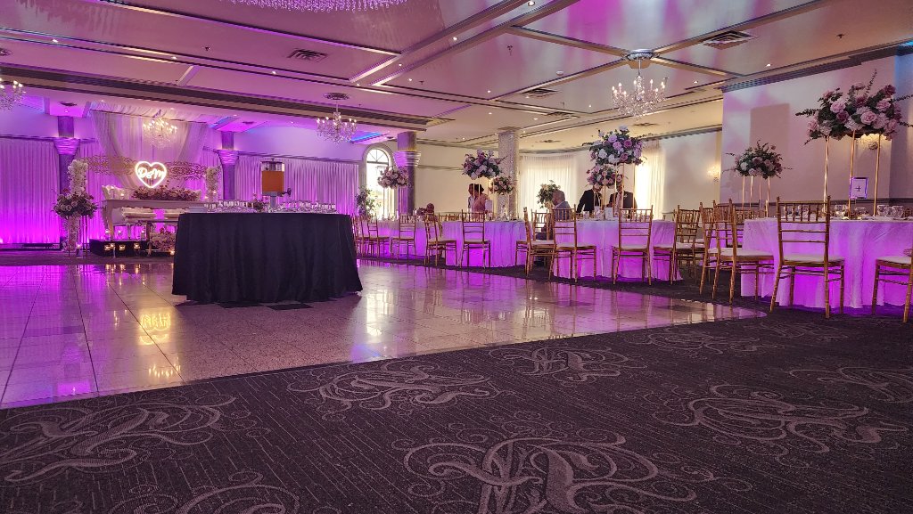 DJ setup with LED video wall monogram display
