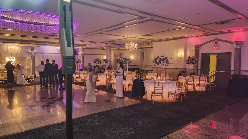 Wedding reception ballroom with guests