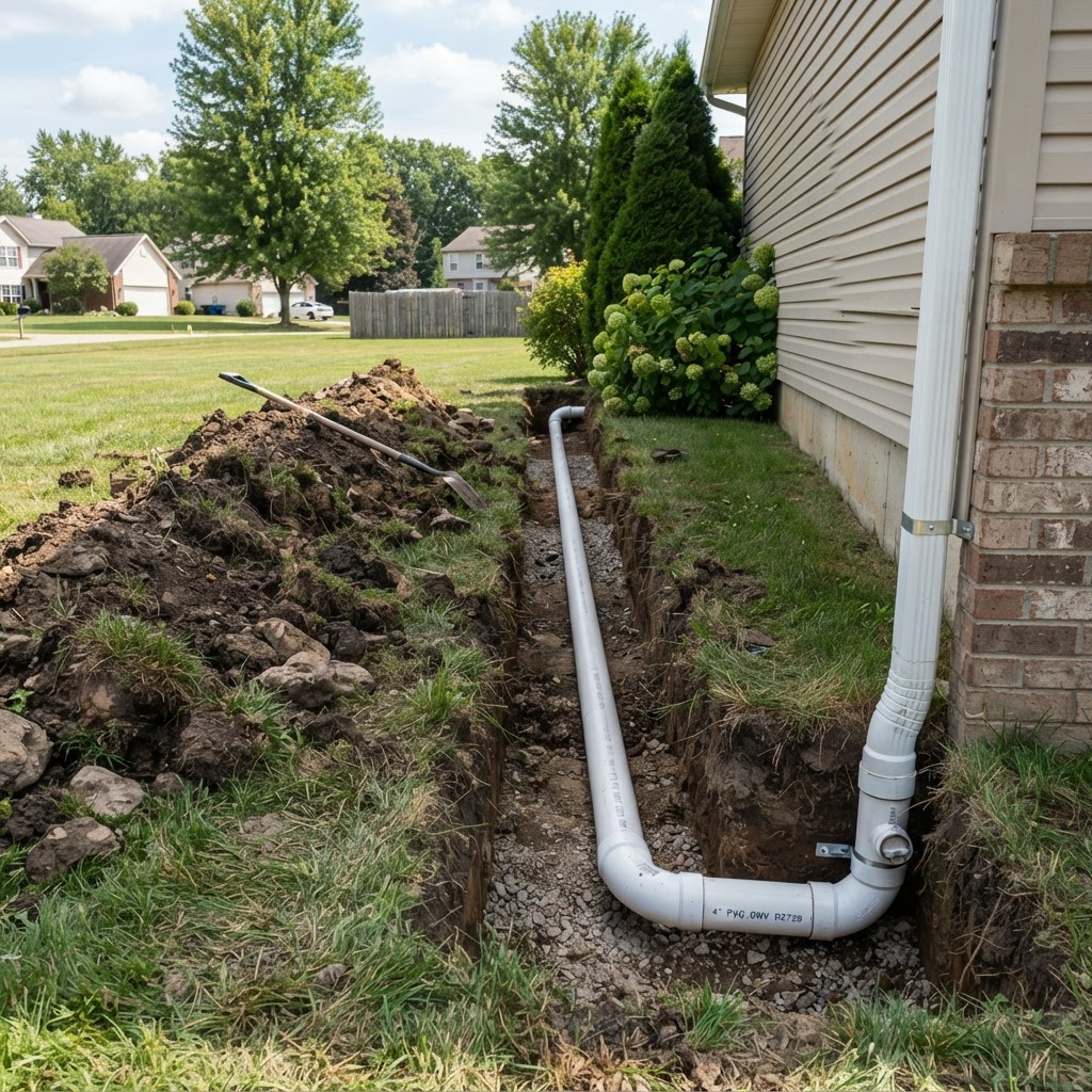 Underground Downspout Drain — Trench & PVC