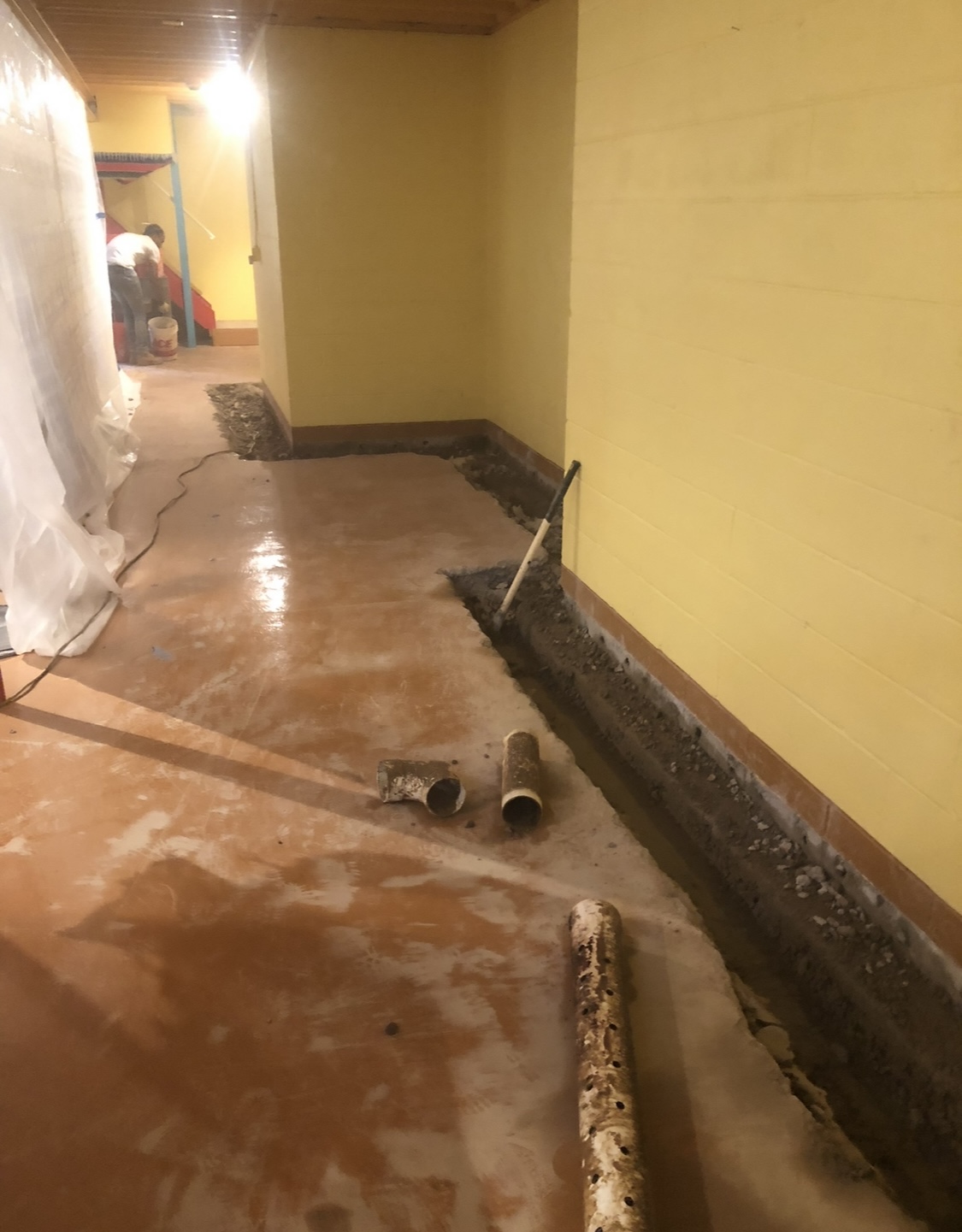 Interior — Perimeter Trench Opened, SDR35 Pipe Staged — Canfield, OH