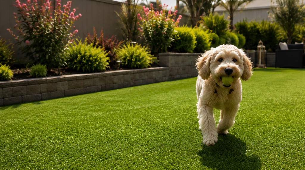 Doodle dog with tennis ball on clean artificial turf in a San Diego backyard