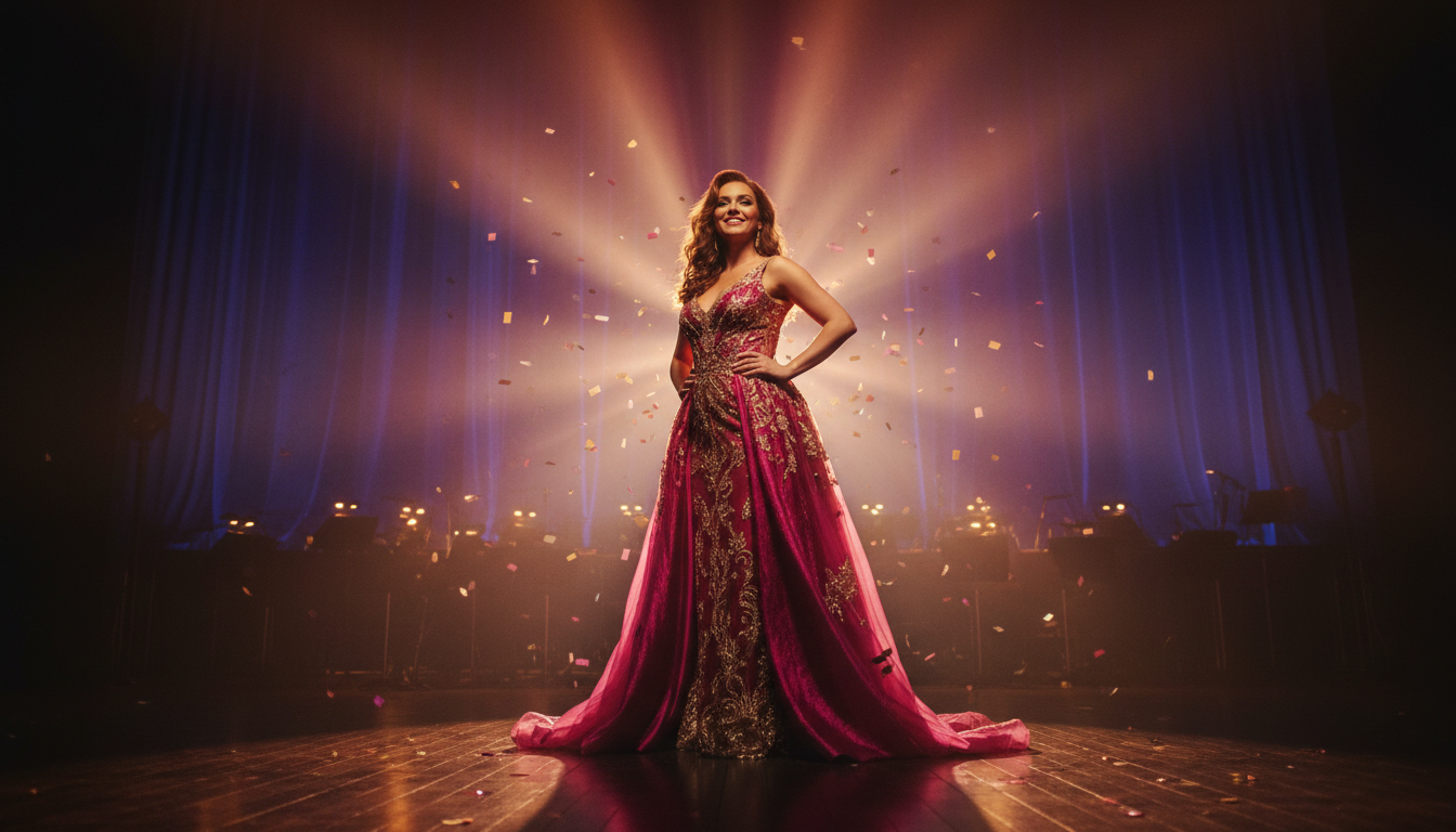 Confident woman performing on stage under rose-gold lights