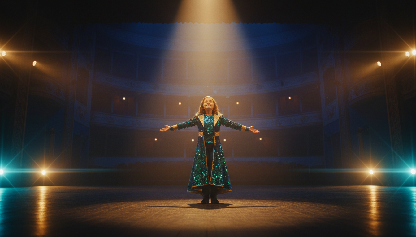 Young performer on stage under golden spotlight