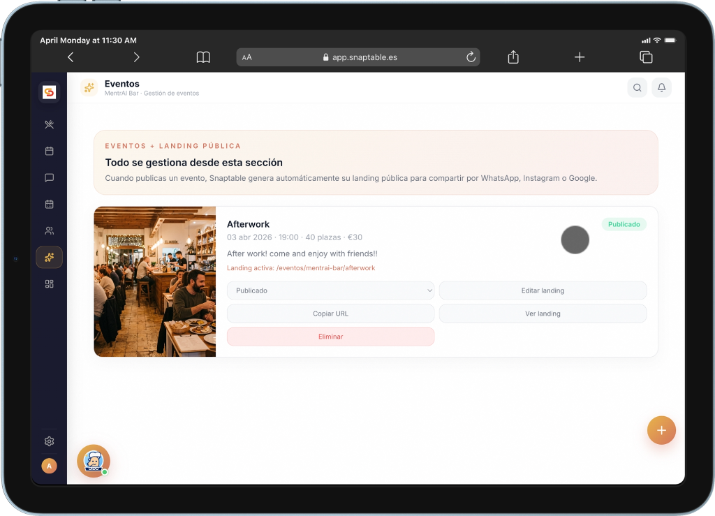 Panel de gestión de eventos en SnapTable con landing pública