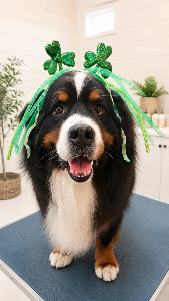 A Bernese Mountain Dog dressed for the holidays at The Barker House