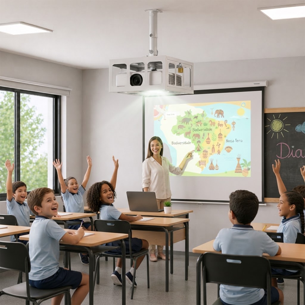 Sala de aula com projetor Vivitek DW27EA montado em gaiola de segurança