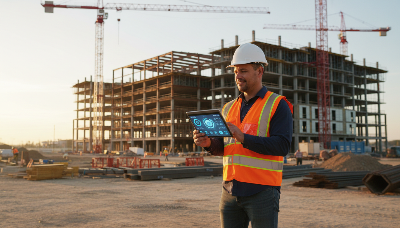 Construction superintendent using tablet on job site