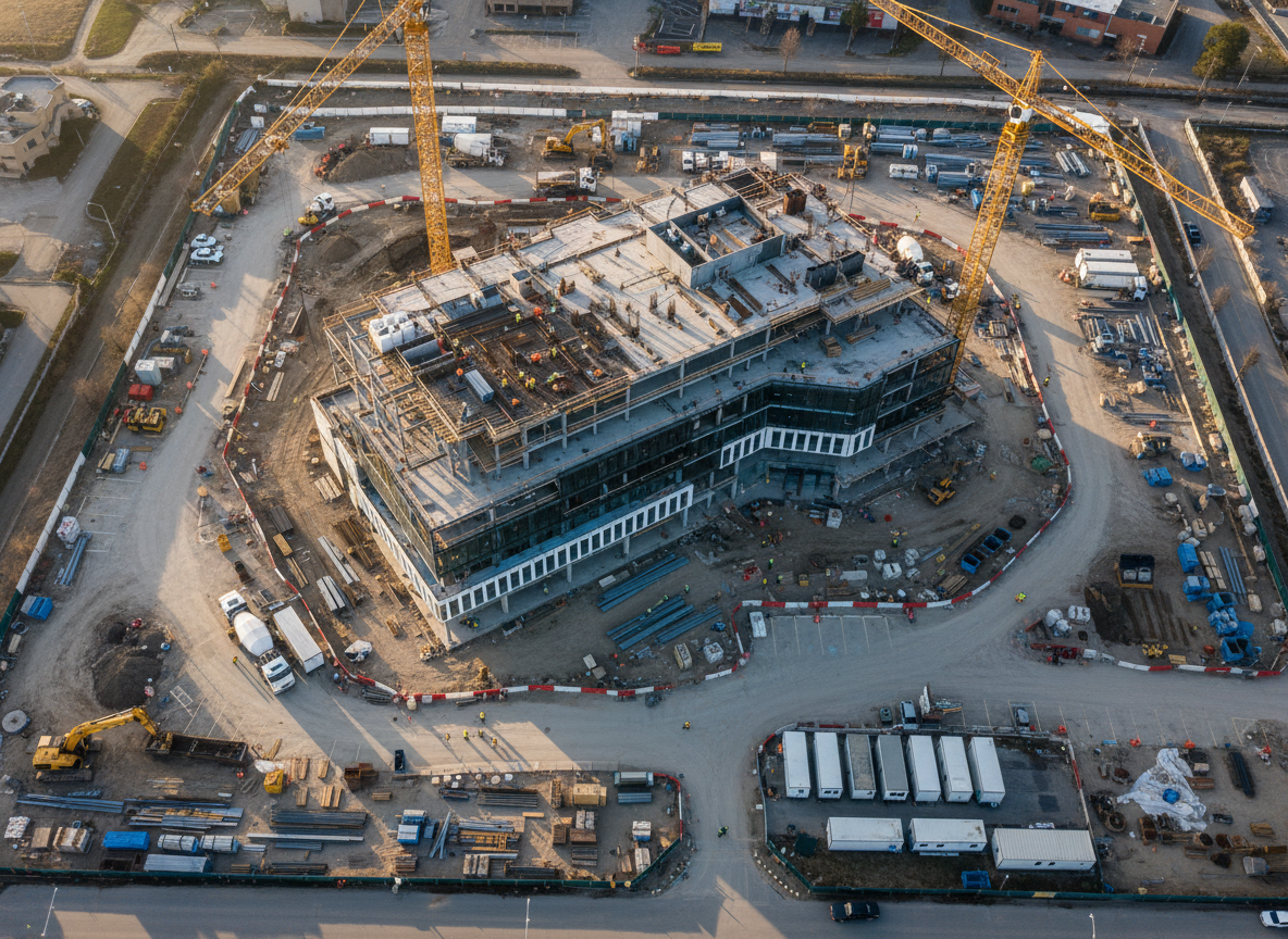 Aerial view of organized construction site