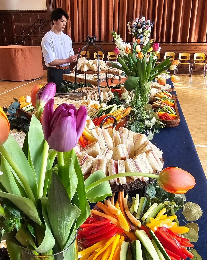 Styled buffet catering setup for a corporate event in Montreal, full spread by Chez Mylo
