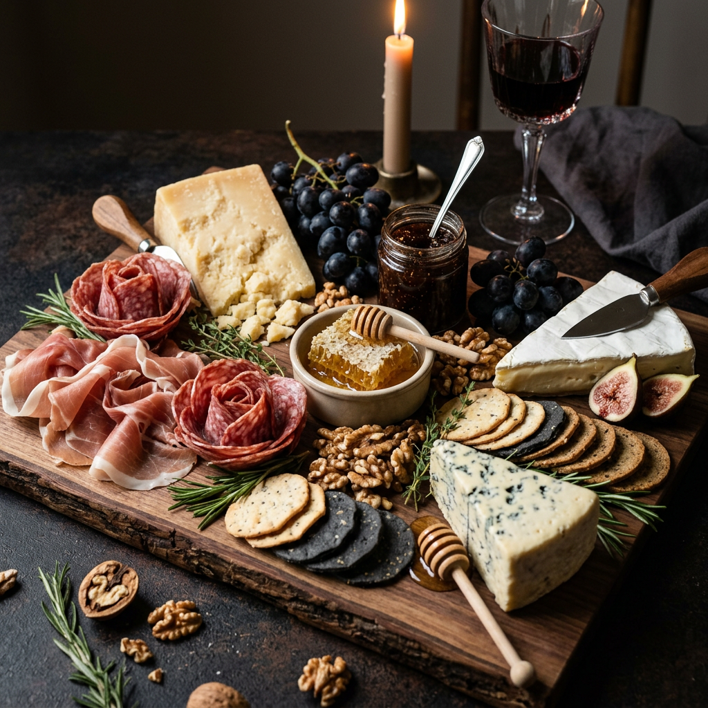 Curated charcuterie and cheese board for a corporate cocktail event by Chez Mylo grazing station