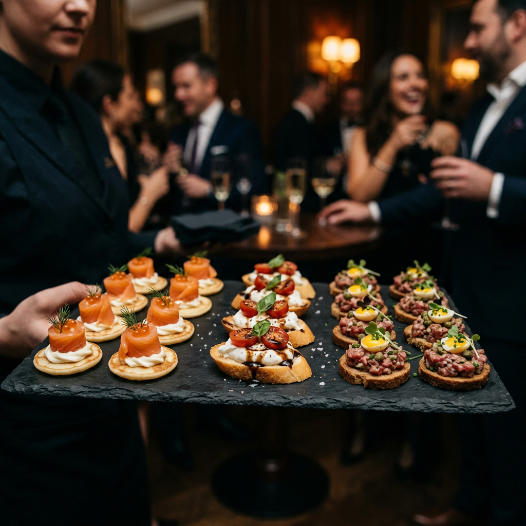 Assorted passed canapés served during a gala reception by Chez Mylo catering Montreal
