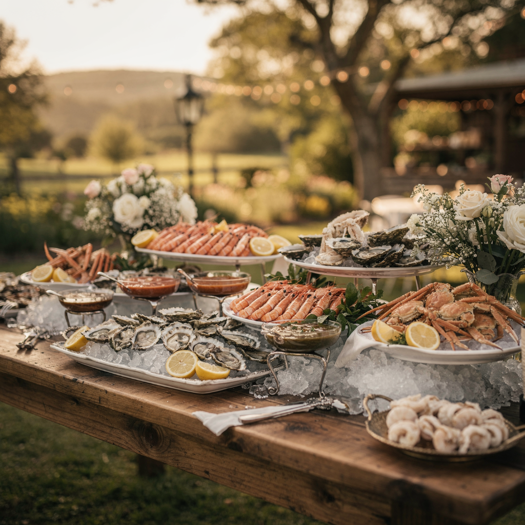 Chilled raw bar display with shrimp cocktail, smoked salmon, and ceviche by Chez Mylo signature station