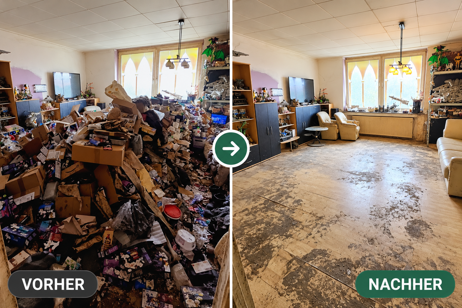 Vorher-Nachher-Vergleich eines Messie-Wohnzimmers in Rheinberg