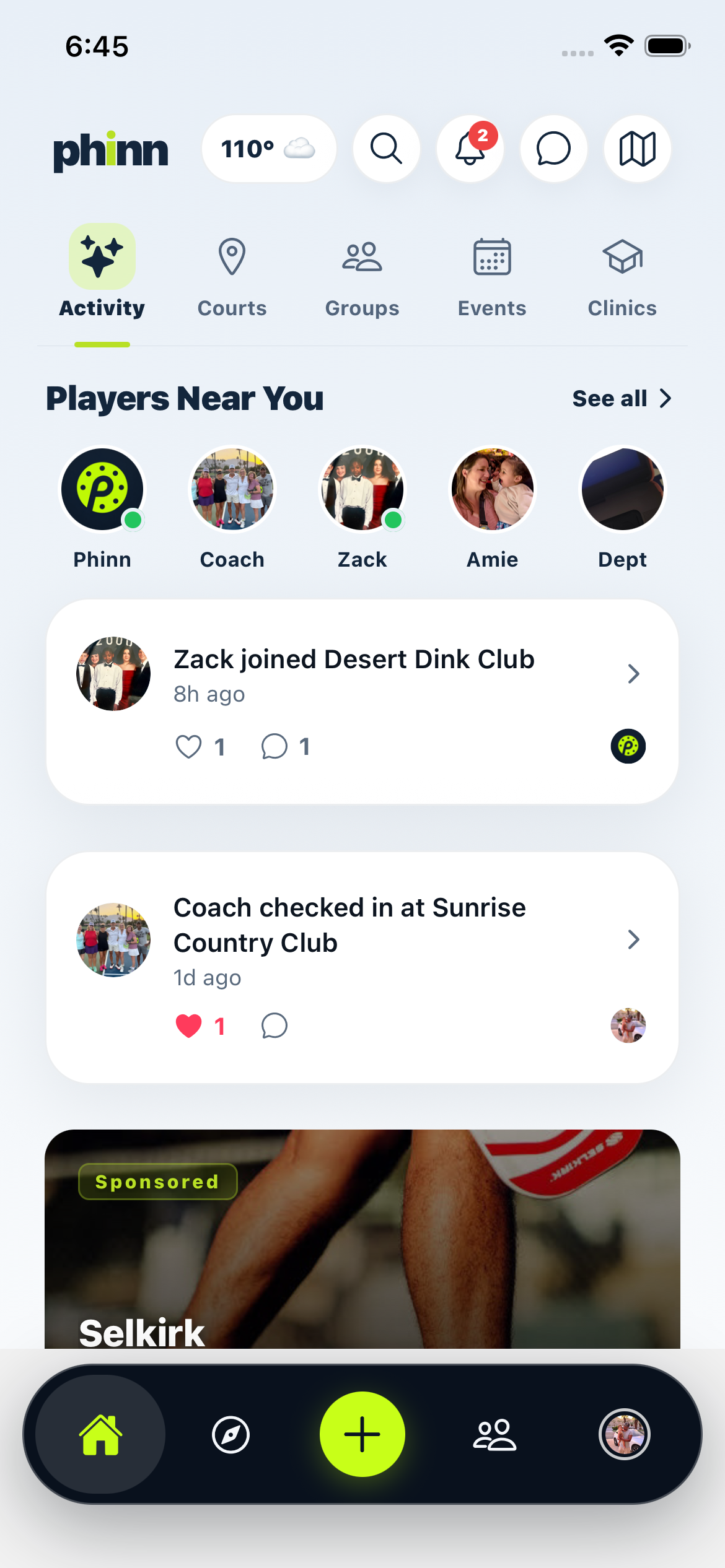 Phinn activity feed with players near you