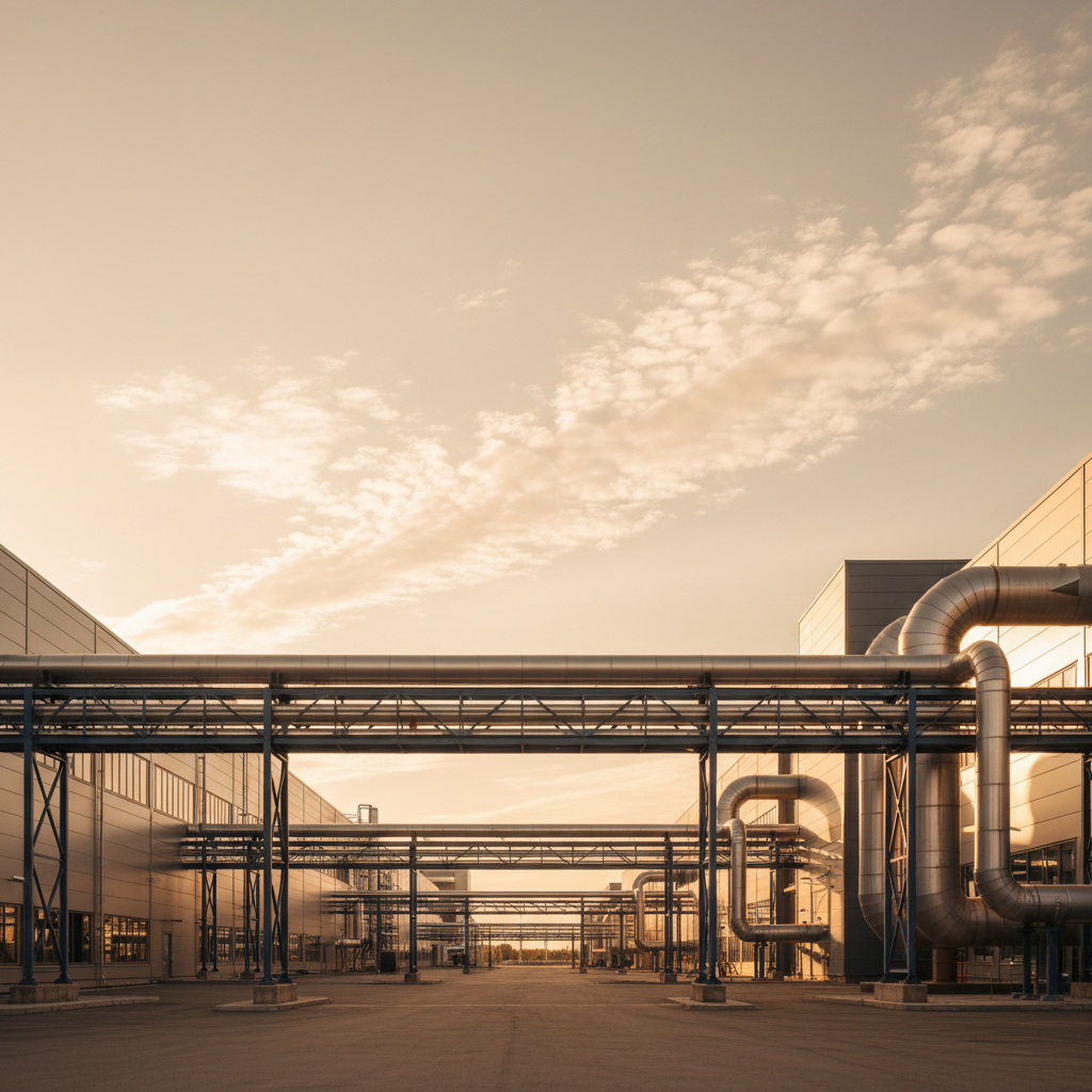 Modern industrial warehouse with custom ventilation ductwork and cinematic lighting