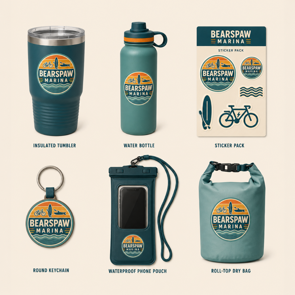 Bearspaw Marina accessories — insulated tumbler, water bottle, sticker pack, keychain, phone pouch and dry bag