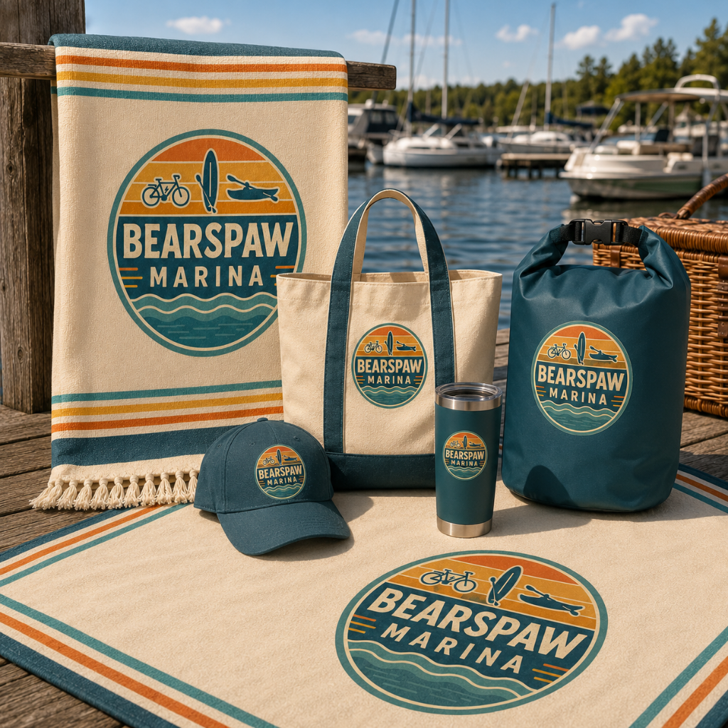Bearspaw Marina cap, beach towel, tote and dry bag displayed on the dock