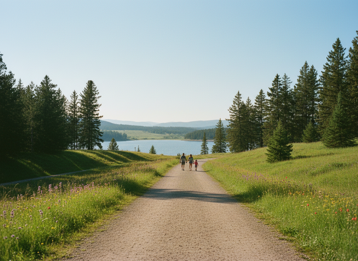 Trail through Alberta parkland near Bearspaw Reservoir — foothills forest and meadow landscape