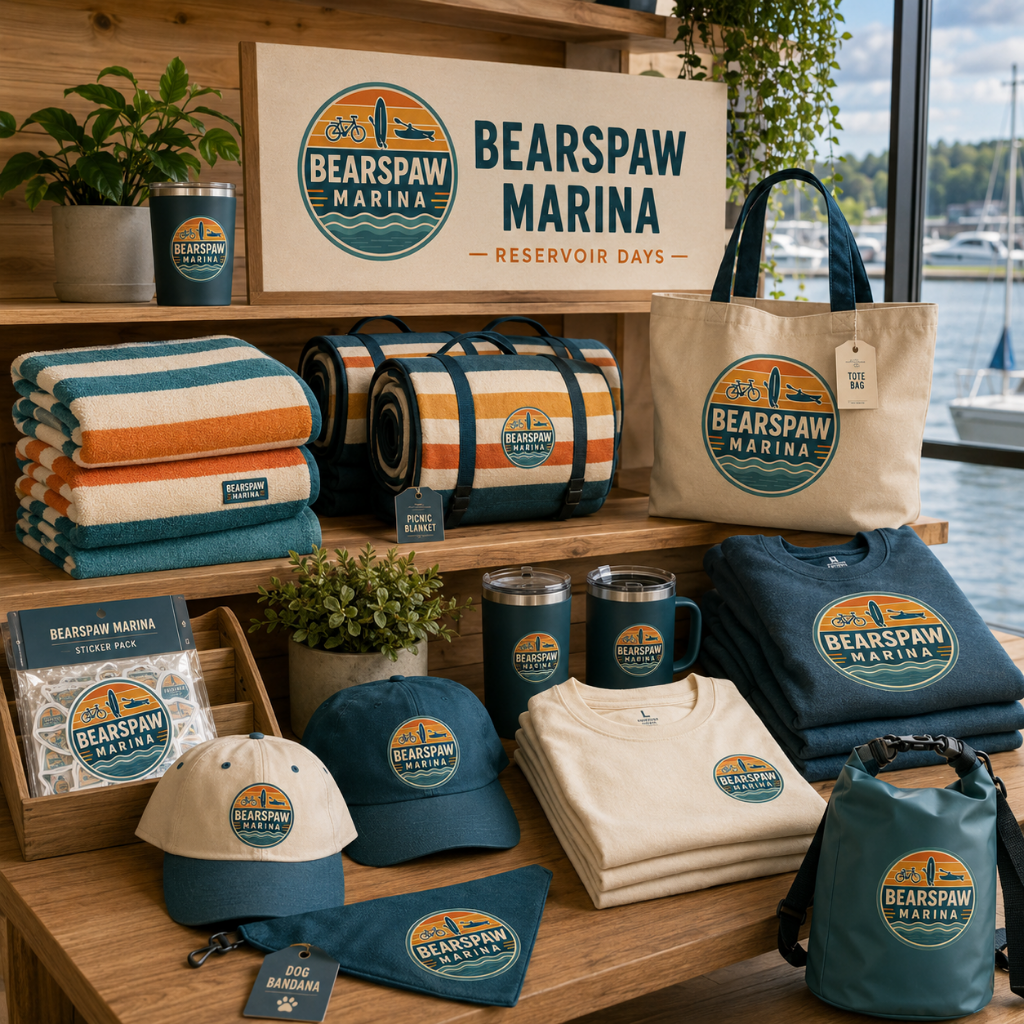 Bearspaw Marina merchandise on rustic wooden display — caps, tees, water bottles, tumblers, towels and accessories