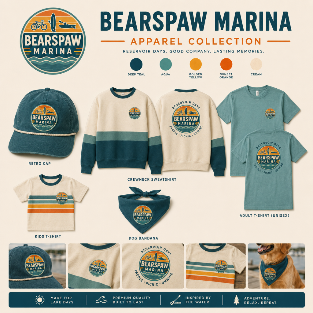 Bearspaw Marina apparel collection — retro cap, crewneck sweatshirt, adult tee, kids tee and dog bandana