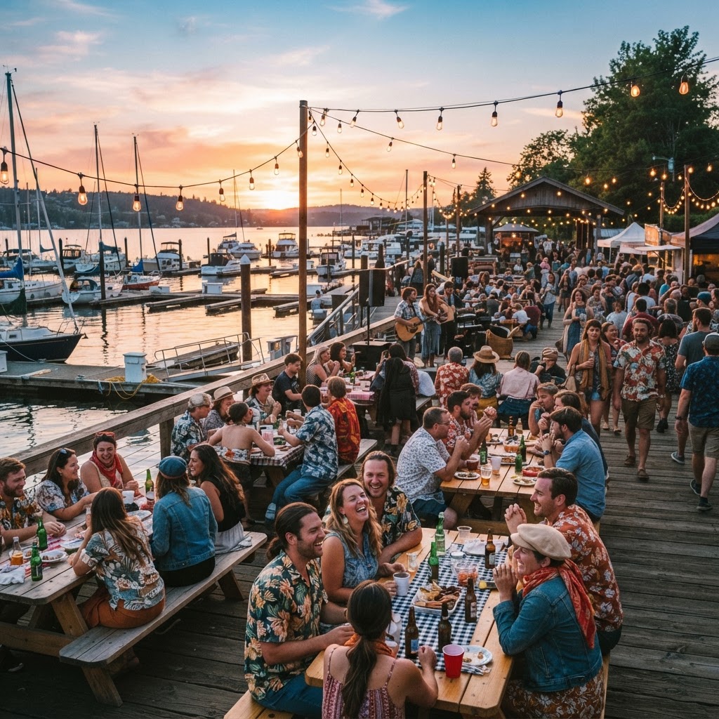 Community gathering at Bearspaw Marina at sunset