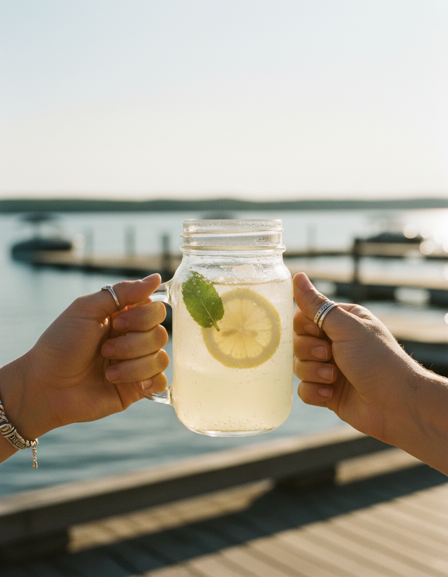Refreshing cold drink at Bearspaw Marina by Bearspaw Reservoir on a summer day near Calgary