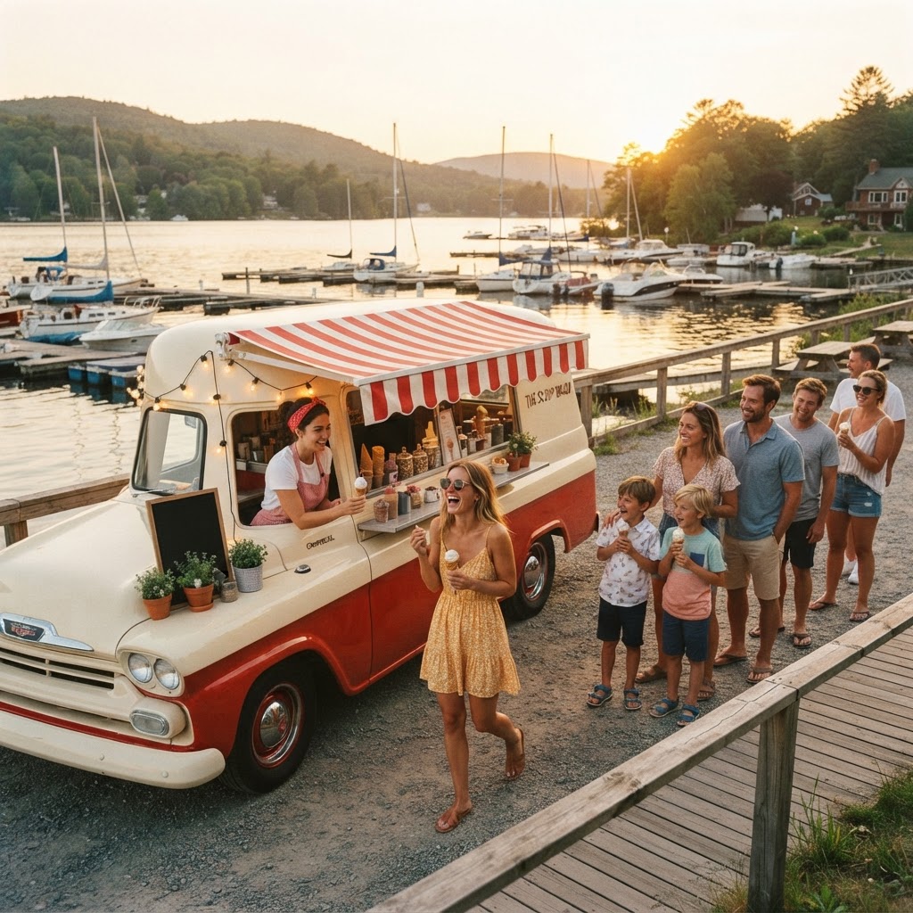 Retro food truck serving summer treats at the marina