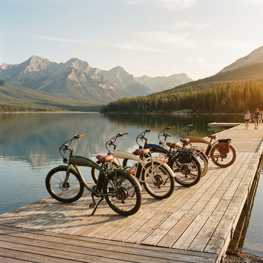 Vintage-style e-bikes parked at the marina dock