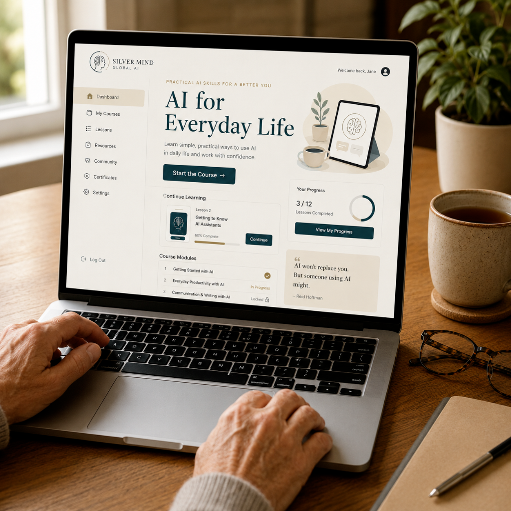 Confident adult using Silver Mind Global AI on a laptop at home
